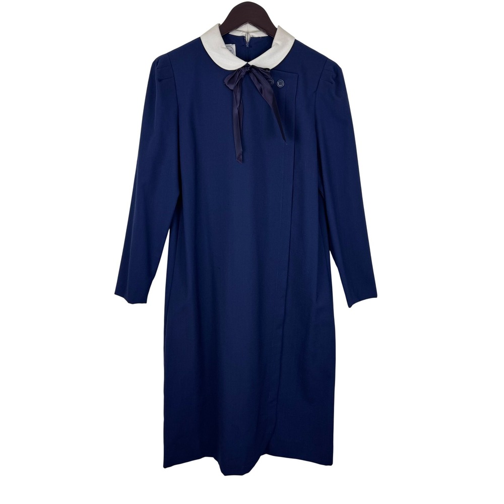 Vintage Leslie Fay Navy Blue Peter Pan Collar‎ Shift Dress Twee Mod Preppy 1970s